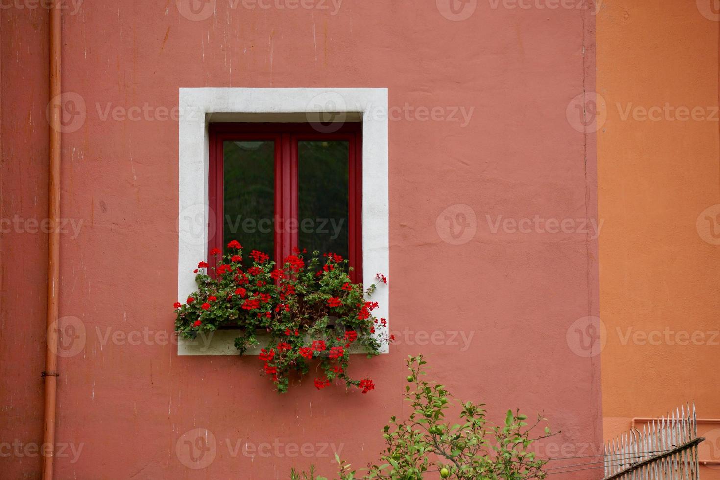 janela na fachada vermelha da casa foto