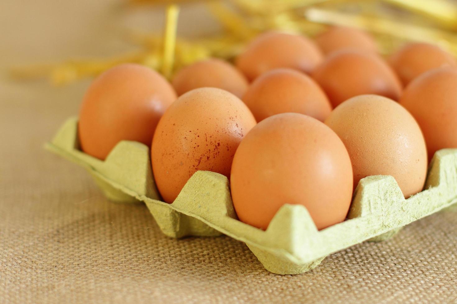 bandeja de ovos crus de fazenda em fundo de saco foto