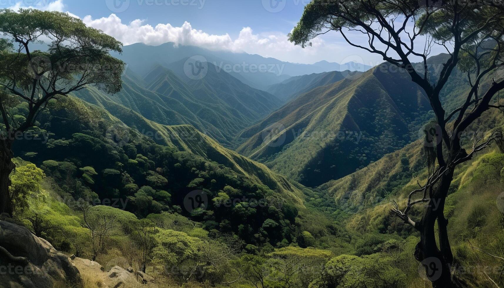 majestoso montanha faixa, verde árvores, tranquilo cena gerado de ai foto