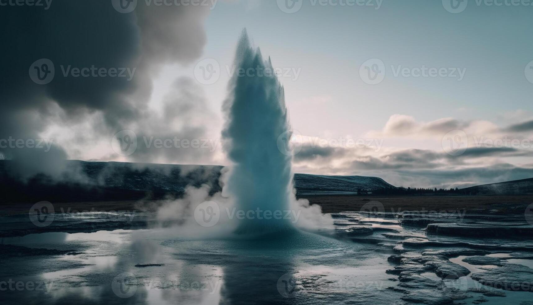 ebulição gêiser em erupção, majestoso montanha alcance reflexão gerado de ai foto