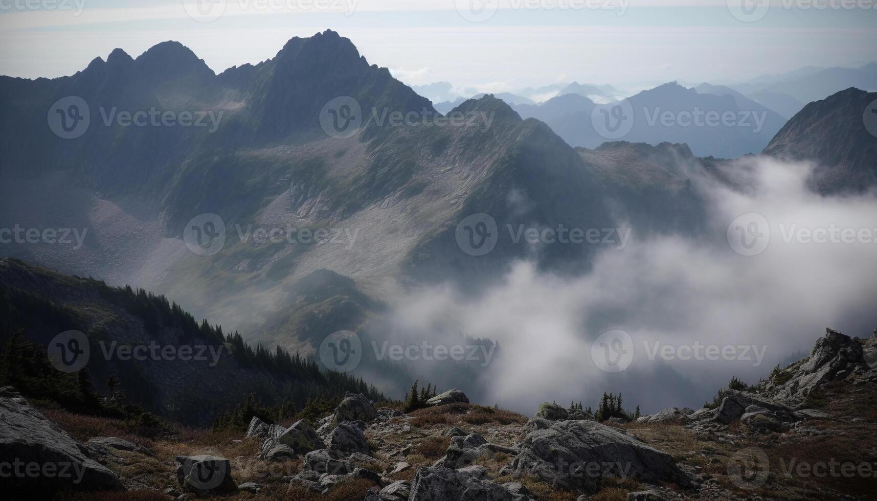 uma majestoso montanha pico sobe Alto em horizonte gerado de ai foto