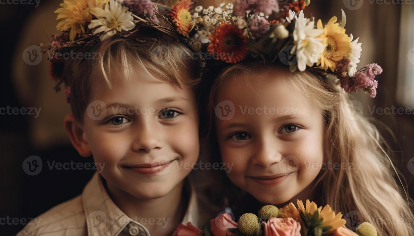 fofa irmãos sorriso, posando com flor guirlanda gerado de ai foto