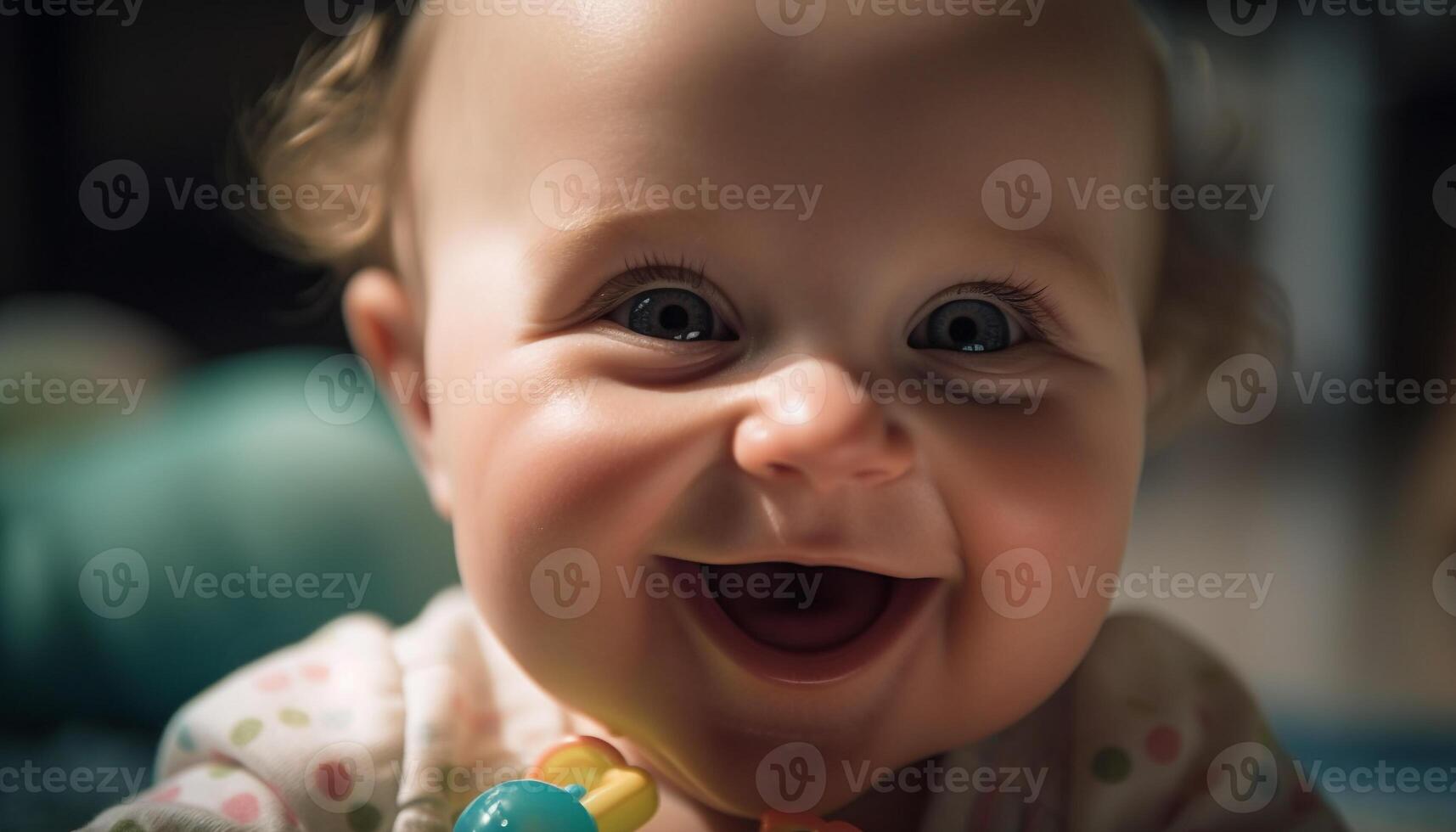 alegre bebê menina jogando com brinquedos dentro de casa gerado de ai foto