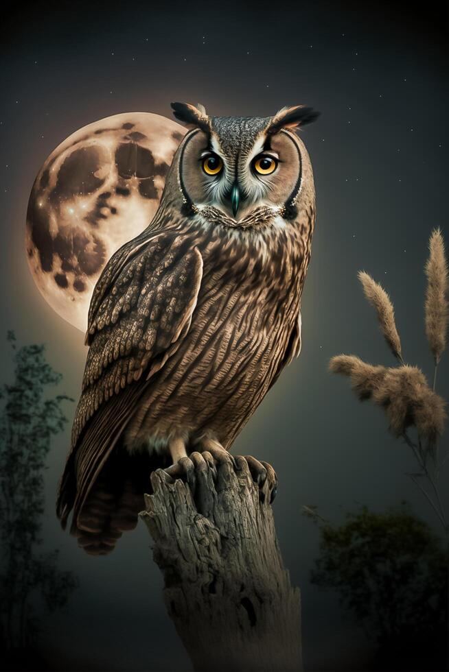 noite cena ilustração com coruja em a sem folhas árvore e cheio lua ai gerado foto