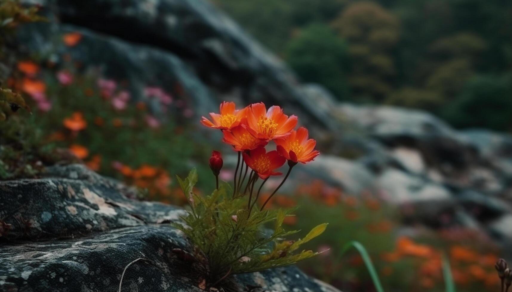 vibrante flores silvestres flor dentro a montanha Prado gerado de ai foto