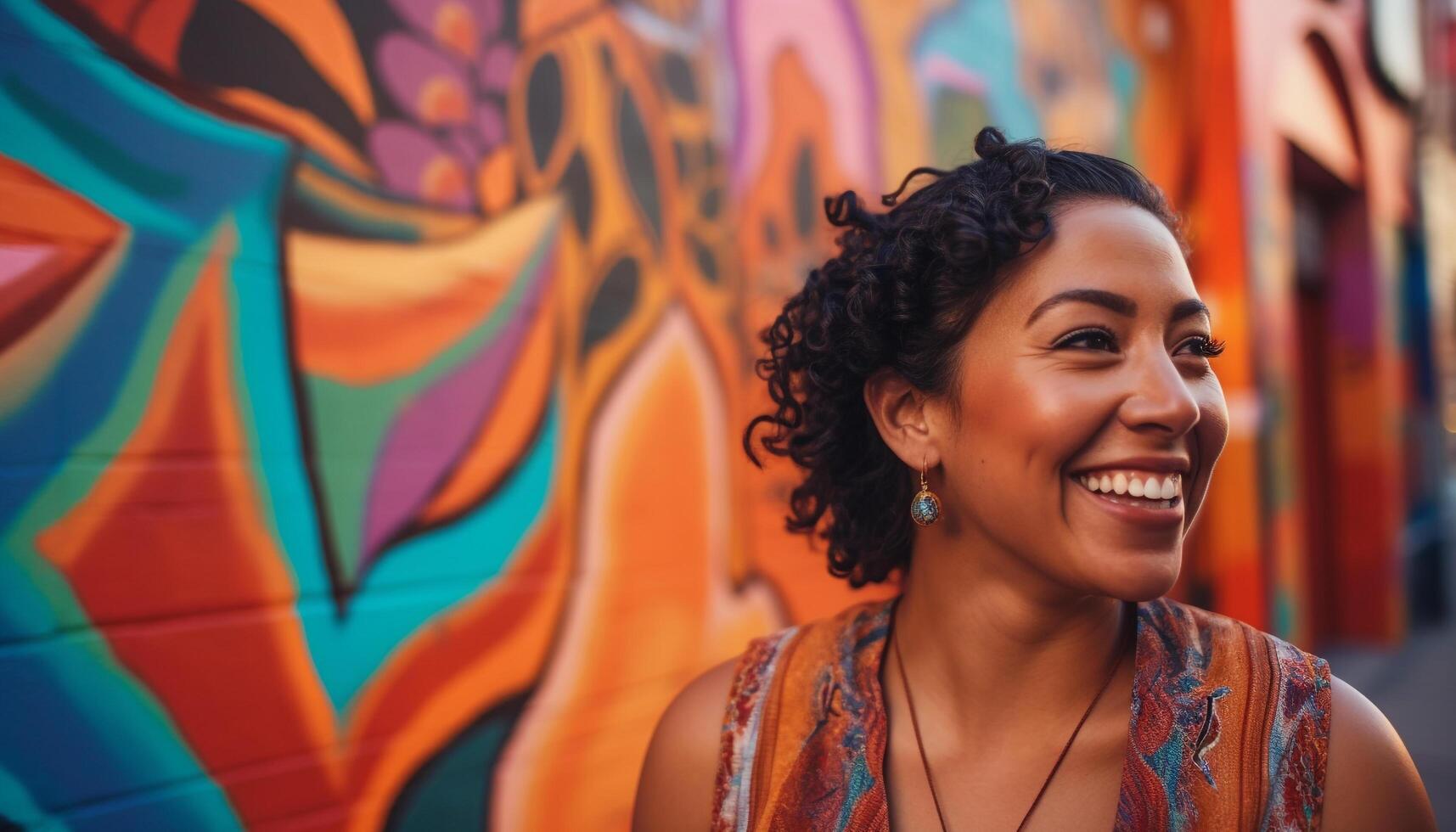 1 jovem mulher sorridente, olhando às Câmera gerado de ai foto