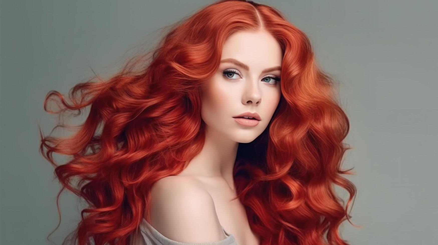 grandes vermelho encaracolado cabelo garota. ilustração ai generativo foto