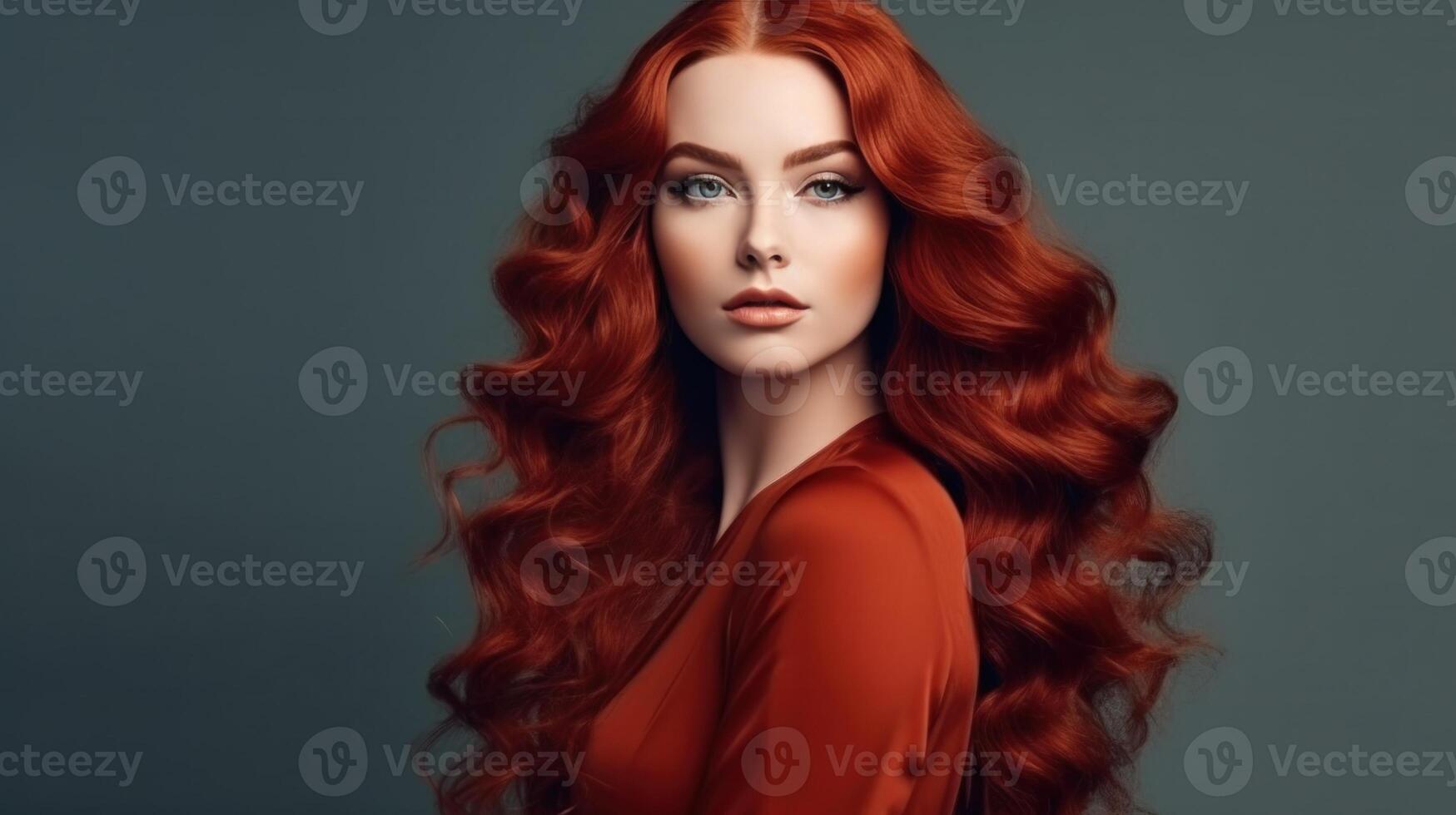 grandes vermelho encaracolado cabelo garota. ilustração ai generativo foto