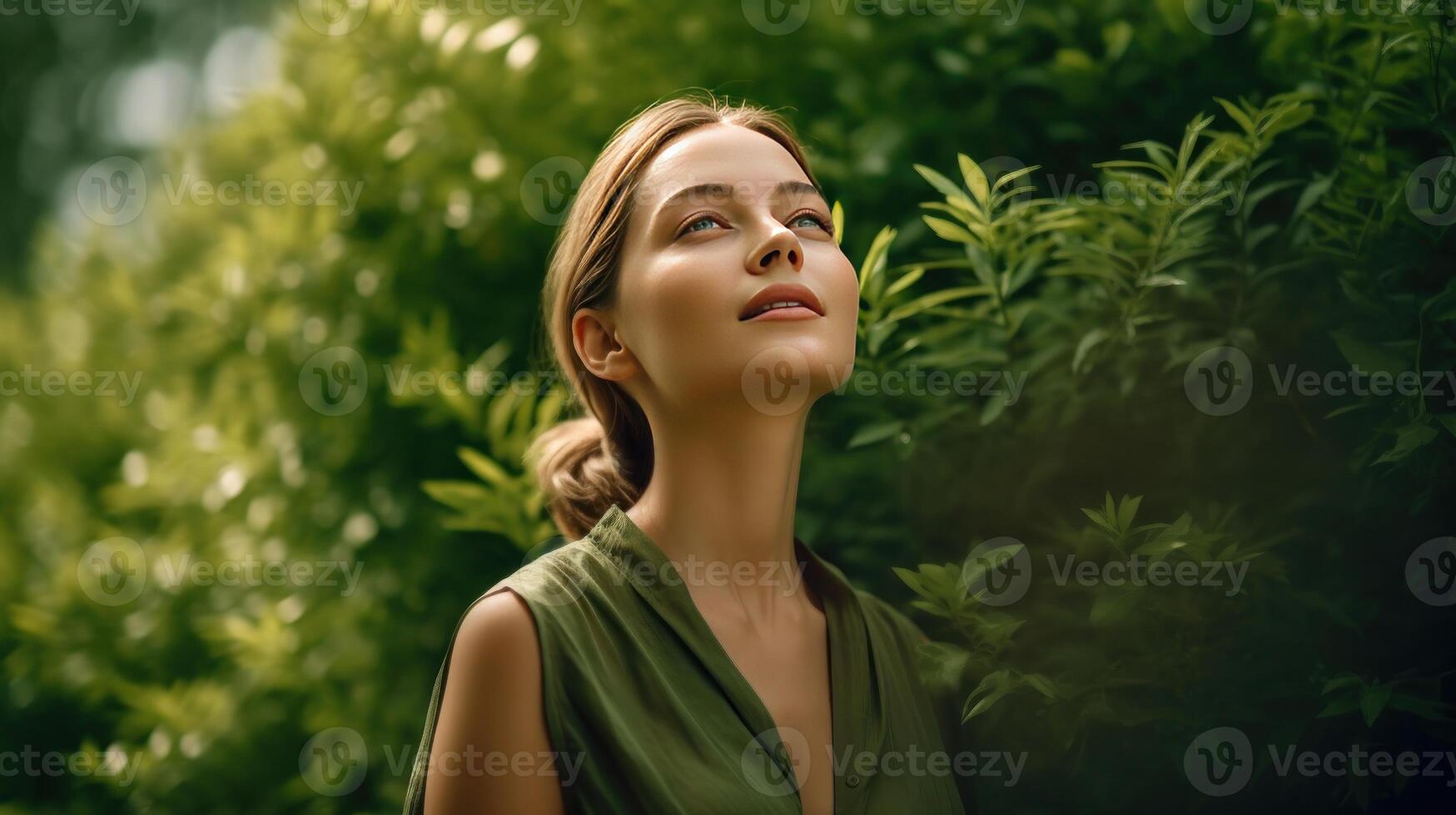 lindo menina modelo em verde folhas fundo. ilustração ai generativo foto