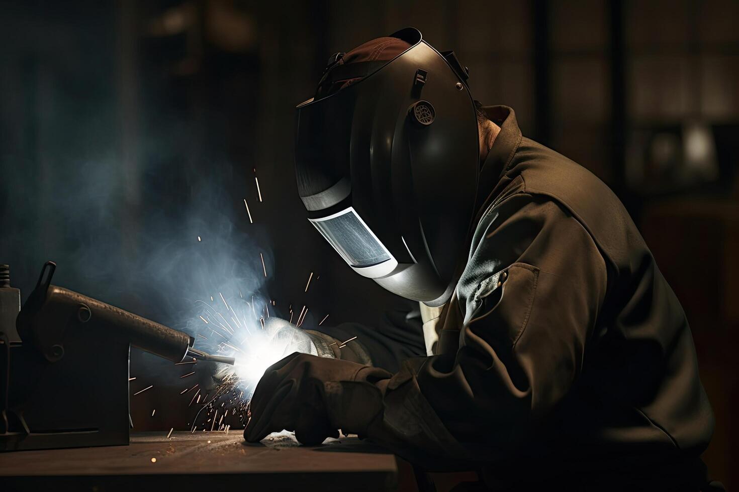 soldador dentro protetora mascarar Soldagem aço construção às fábrica. metalurgia e construção conceito. a industrial soldador vestindo cheio proteção e Walding, ai gerado foto