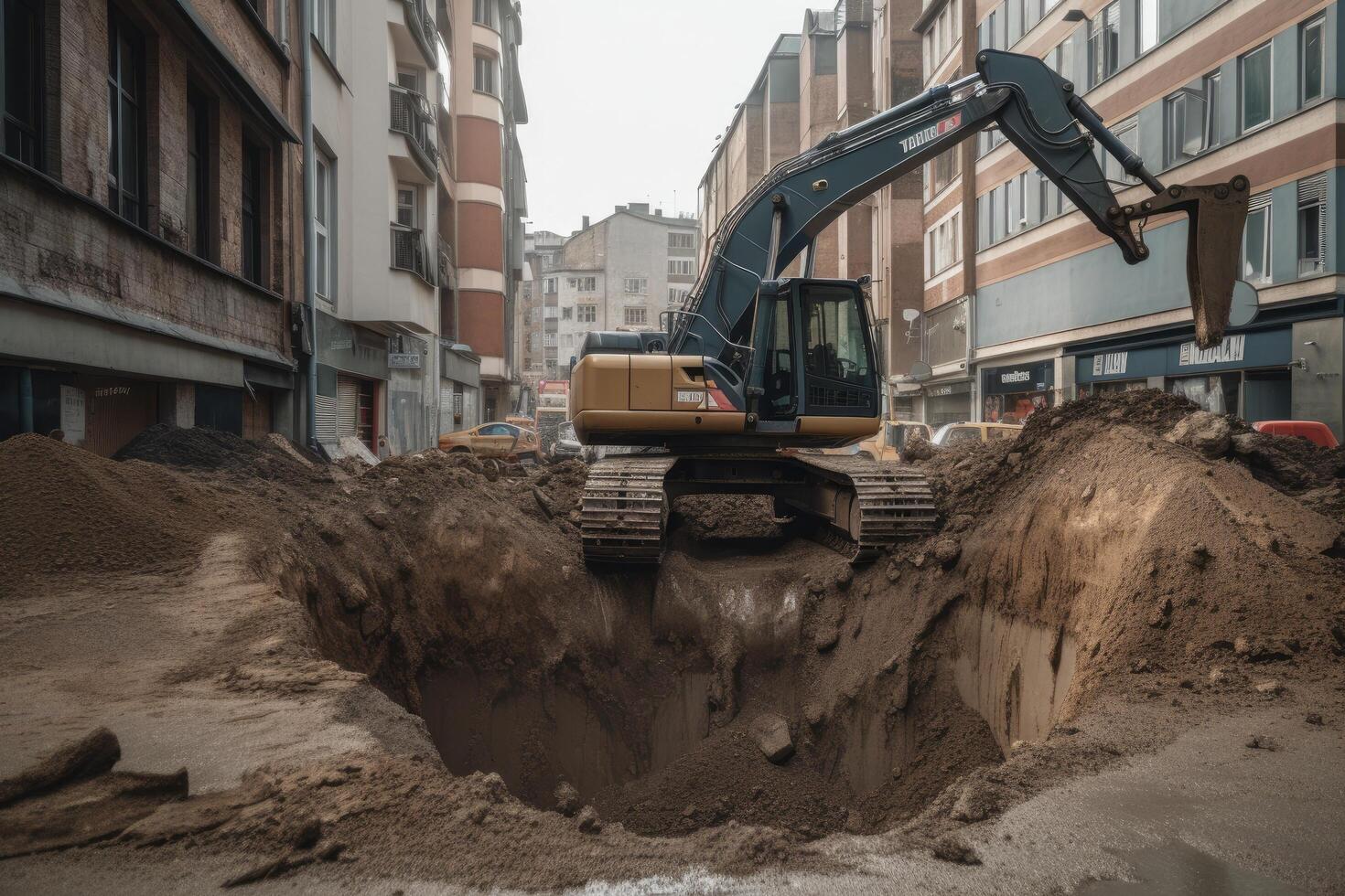 escavadora trabalhando em uma construção local dentro europeu cidade, a escavadora escavação uma profundo Cova em a urbano estrada, ai gerado foto