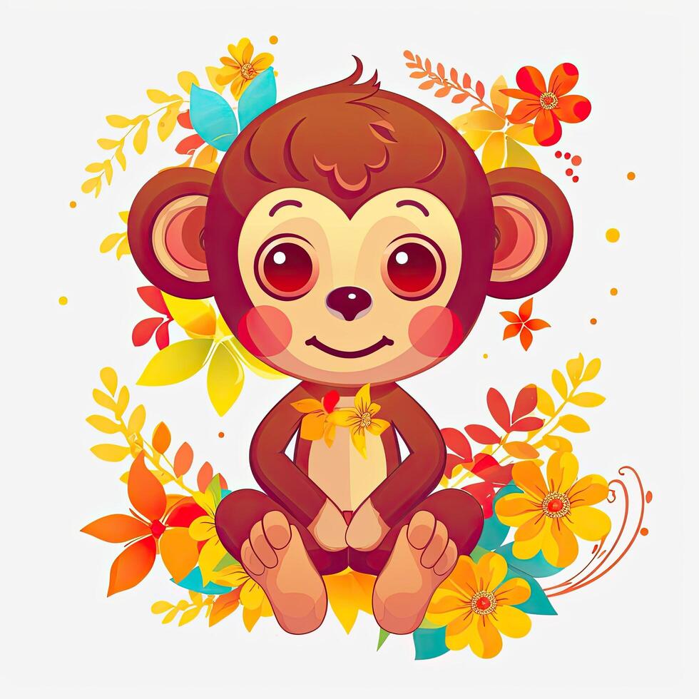 brincalhão macaco filhote agrupar ilustração. colorida macaco filhote definir, sorridente e sentado em uma branco fundo. fofa bebê macaco ilustração com flores macaco filhote desenhos com fofa olhos. generativo ai foto