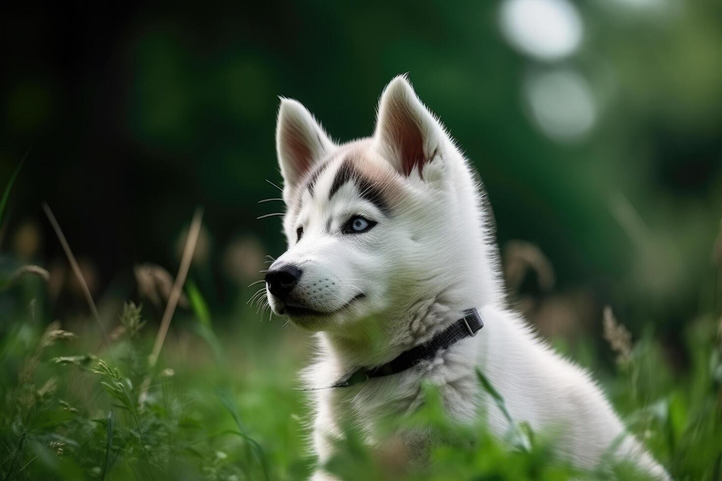 fofa siberian rouco cachorro sentado em a verde grama, branco siberian rouco cachorro sentado dentro a verde campo, ai gerado foto