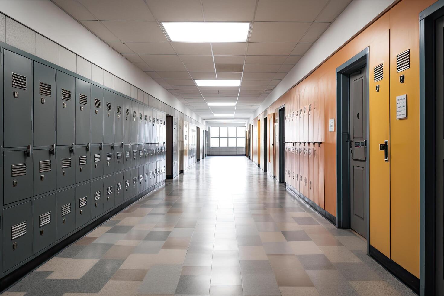 linha do armários dentro uma escola corredor. 3d renderizar. a esvaziar Alto escola corredor interior Visão com armários , ai gerado foto
