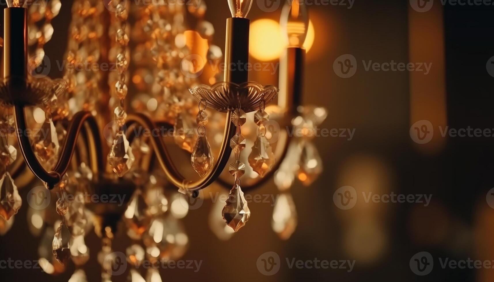 brilhando cristal lustre ilumina ornamentado, velho formado casa interior com elegância gerado de ai foto