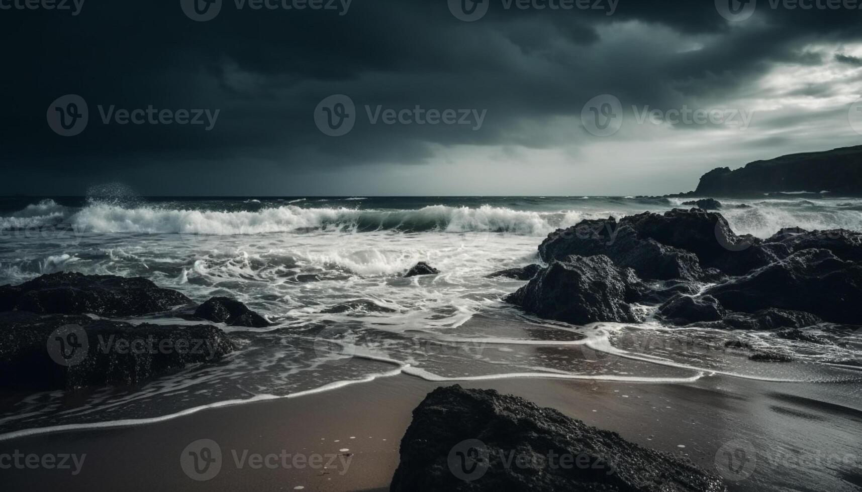 dramático céu sobre horizonte, quebra ondas, temor inspirador beleza dentro natureza gerado de ai foto