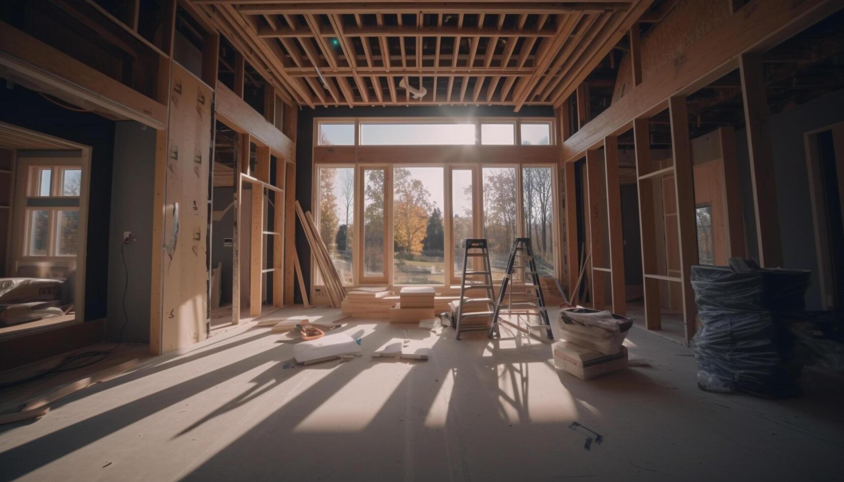 moderno casa interior Projeto com de madeira pavimentos e construção quadro, Armação gerado de ai foto