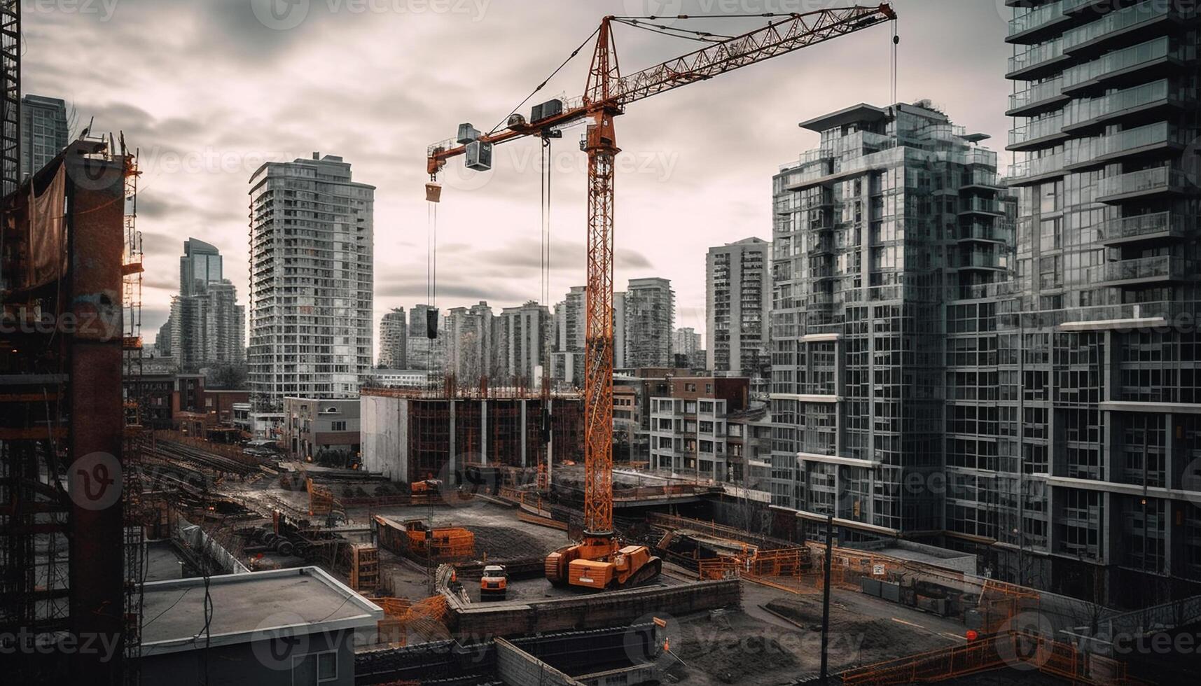 aço maquinaria constrói moderno arranha-céu dentro urbano residencial distrito gerado de ai foto