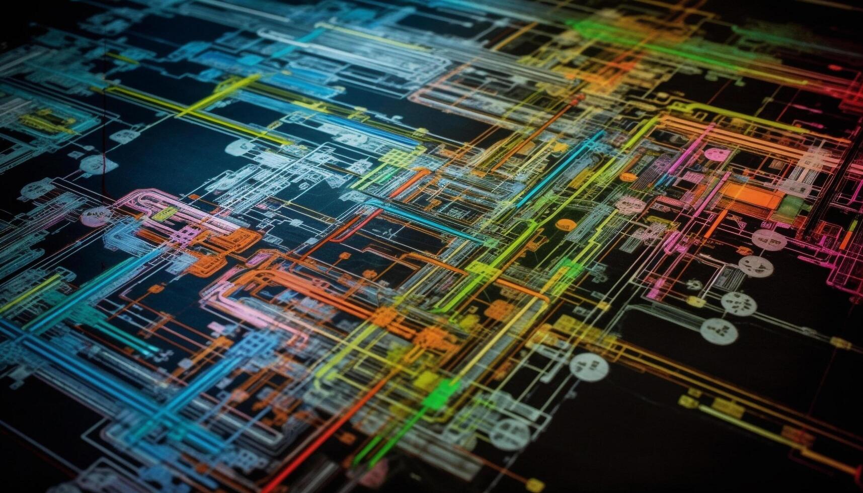 futurista fábrica Projeto com complexo o circuito borda padrões iluminado azul gerado de ai foto