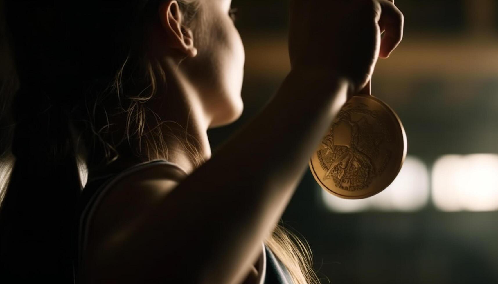 jovem mulher segurando ouro moeda, alcançar sucesso generativo ai foto