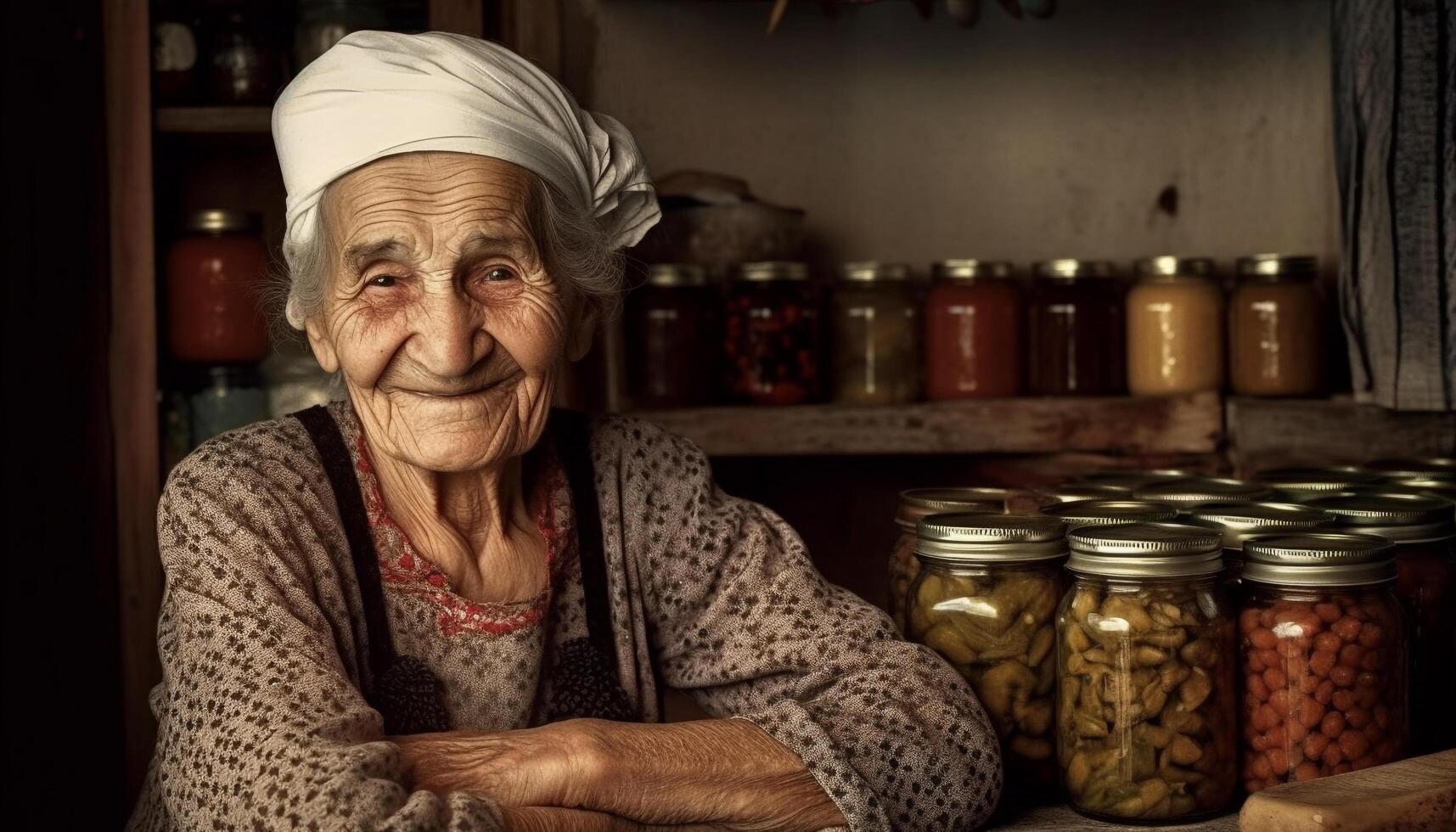 sorridente Senior mulher segurando caseiro vegetal jarra gerado de ai foto