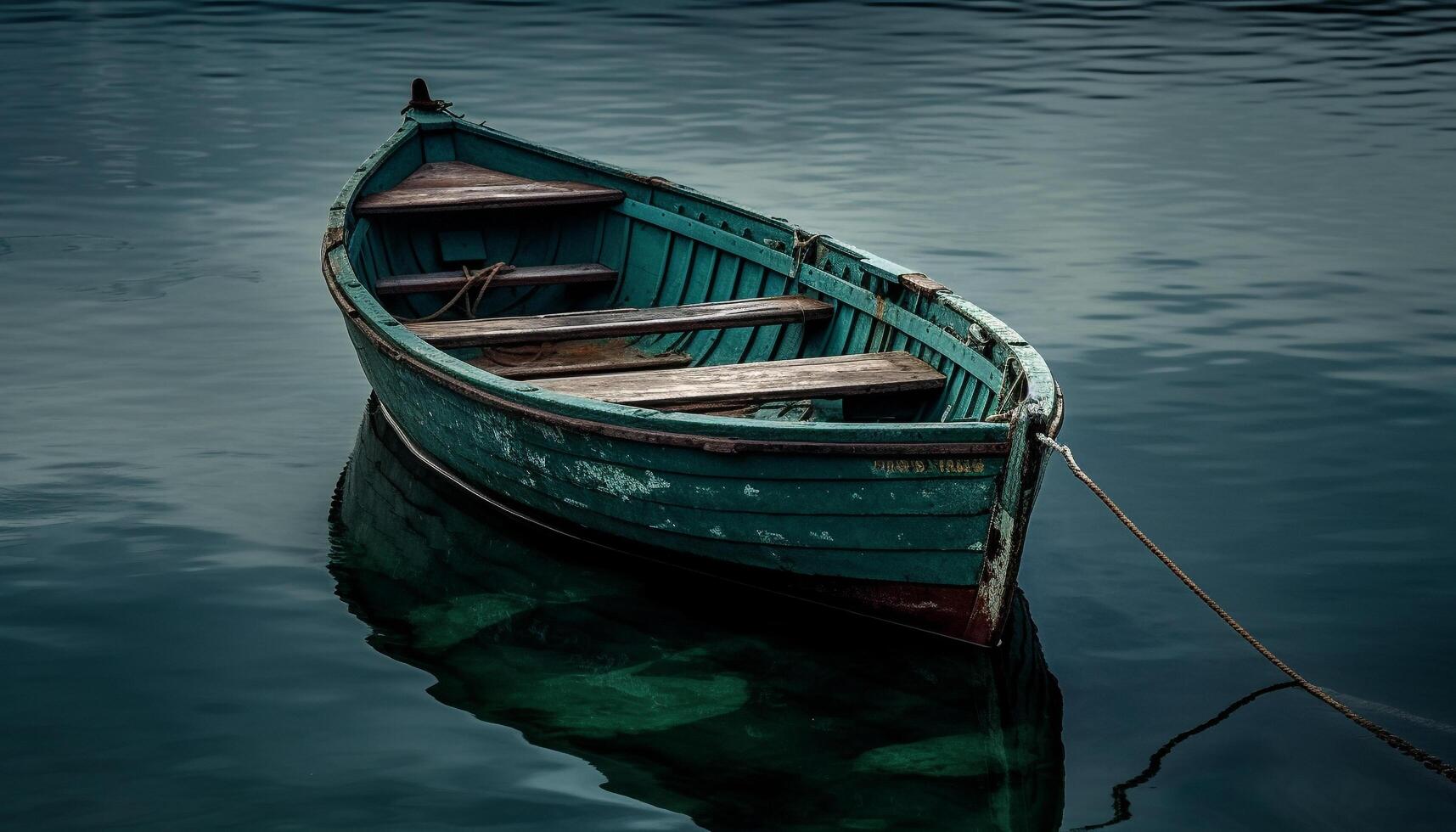 barco a remo fixação corda, tranquilo cena, verde reflexão gerado de ai foto