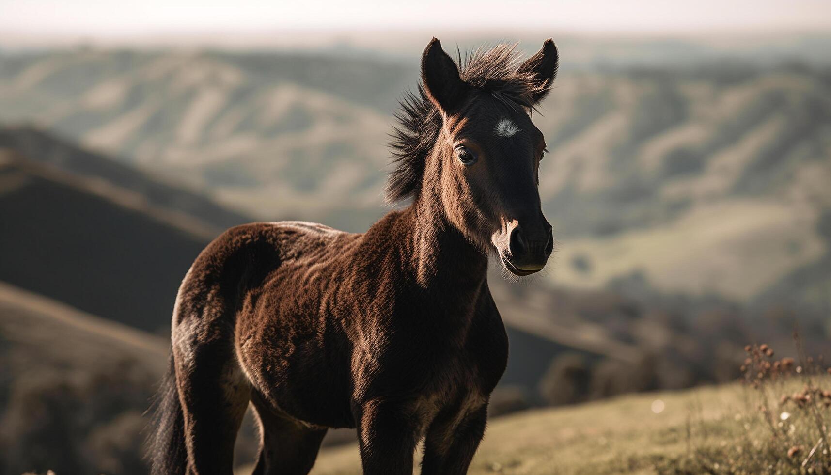 baía cavalo pastar dentro Prado às pôr do sol gerado de ai foto