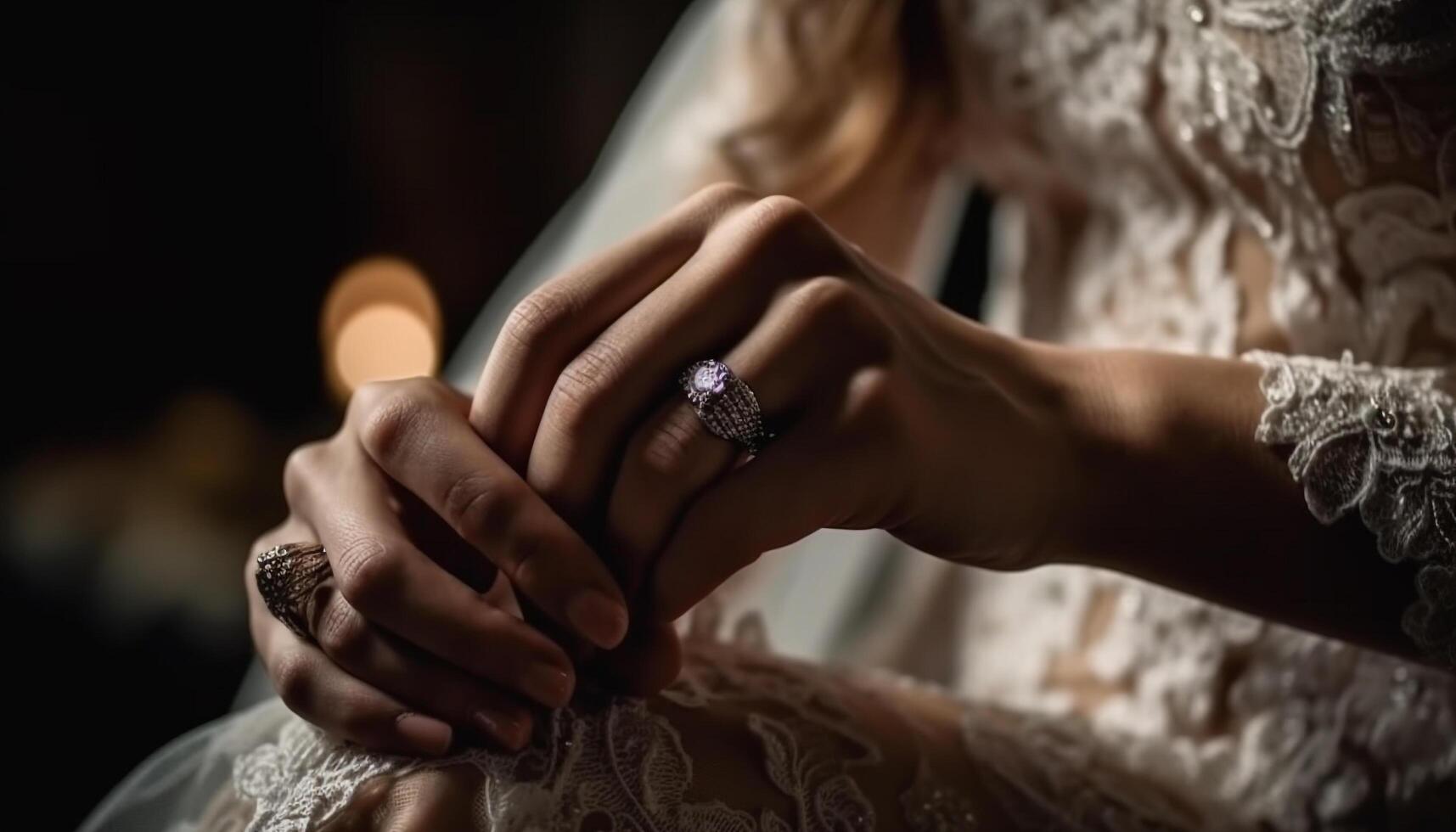 recém-casado casal segurando mãos, Casamento argolas brilhando gerado de ai foto