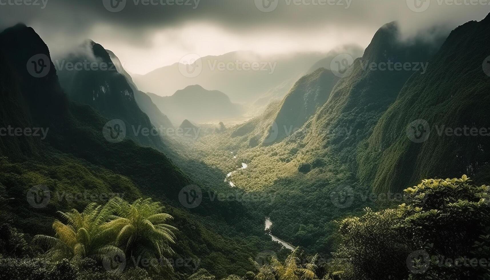 montanha pico sobe acima nebuloso floresta panorama gerado de ai foto