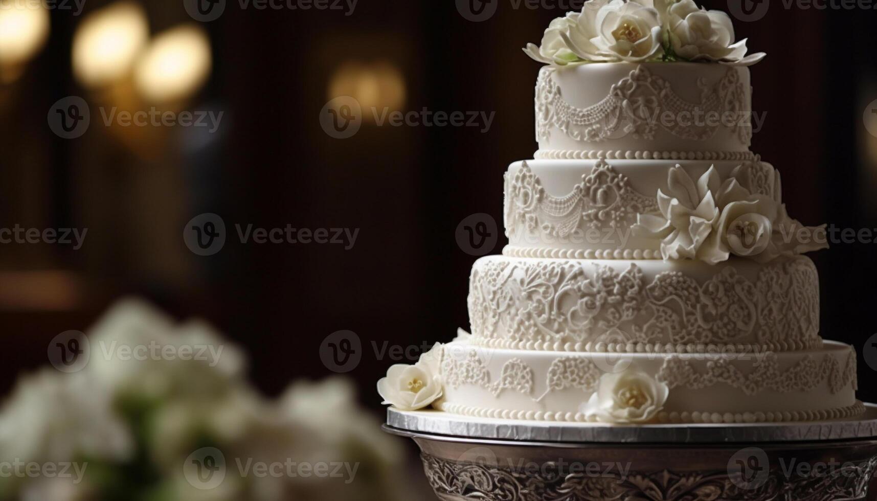 luxo Casamento bolo com ornamentado decoração e chocolate gerado de ai foto