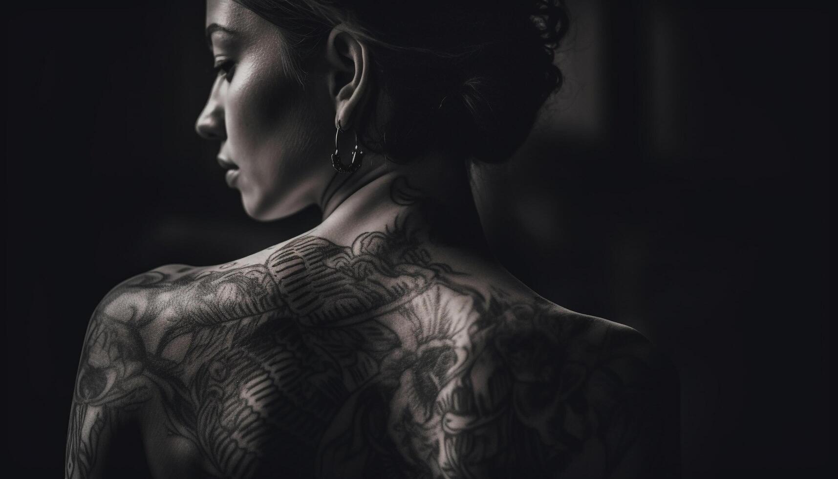 Sombrio elegância jovem mulher sensualidade e tatuagem gerado de ai foto