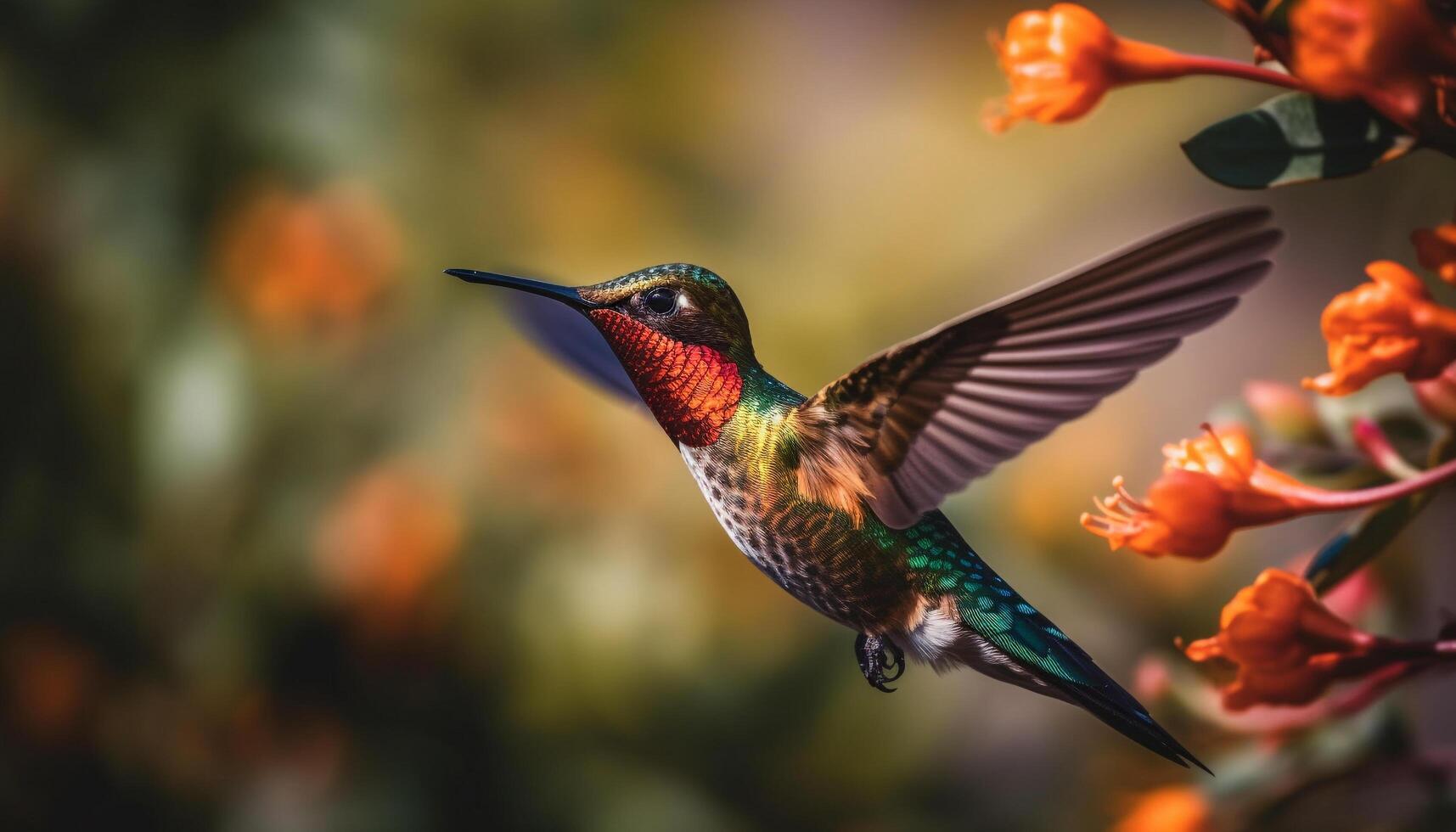 pássaro pairando sobre roxa flor dentro aviário gerado de ai foto