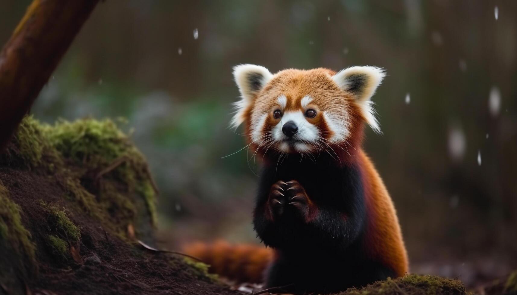 fofo vermelho panda sentado em árvore ramo gerado de ai foto