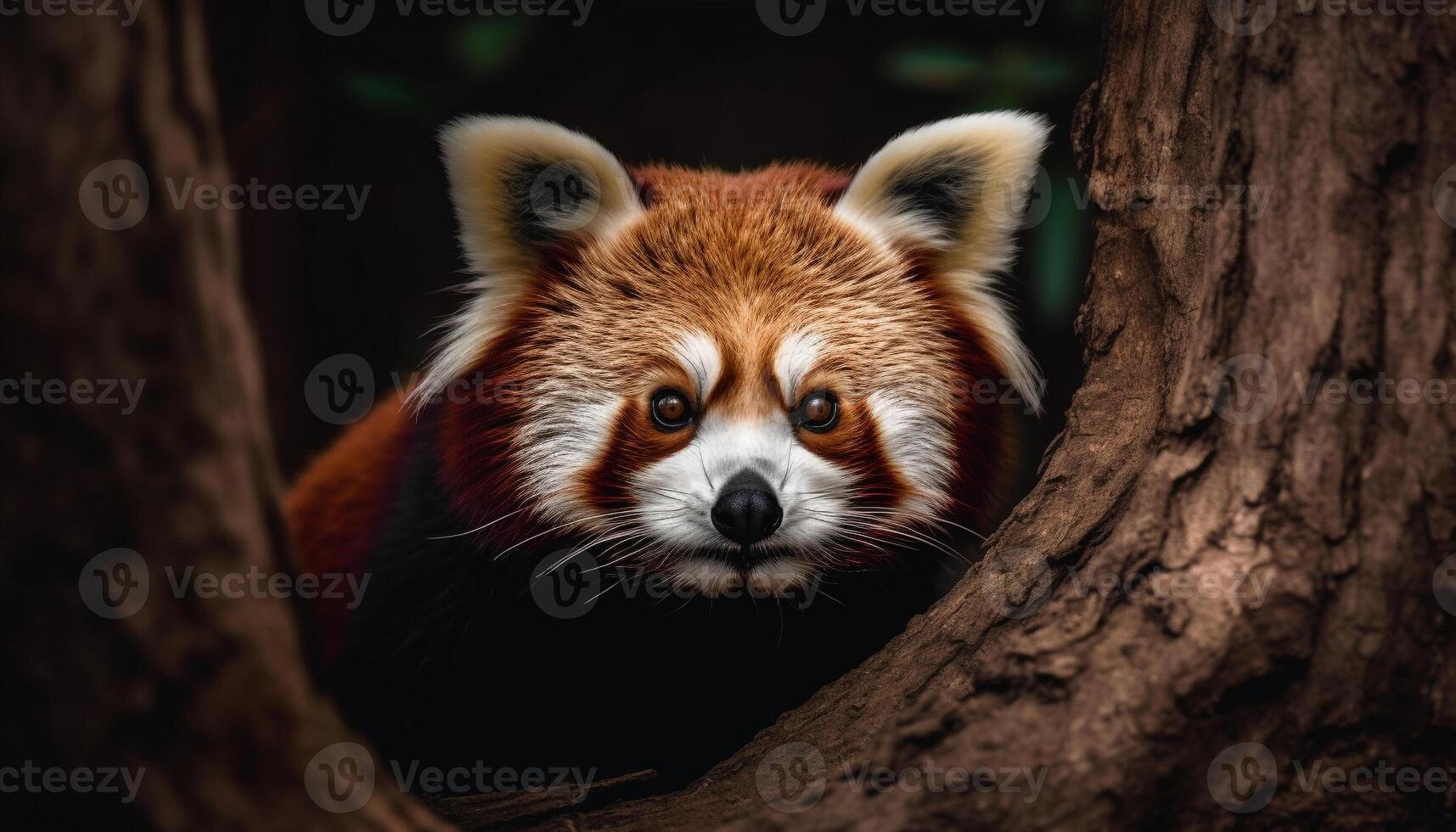 fofo vermelho panda sentado em árvore ramo gerado de ai foto