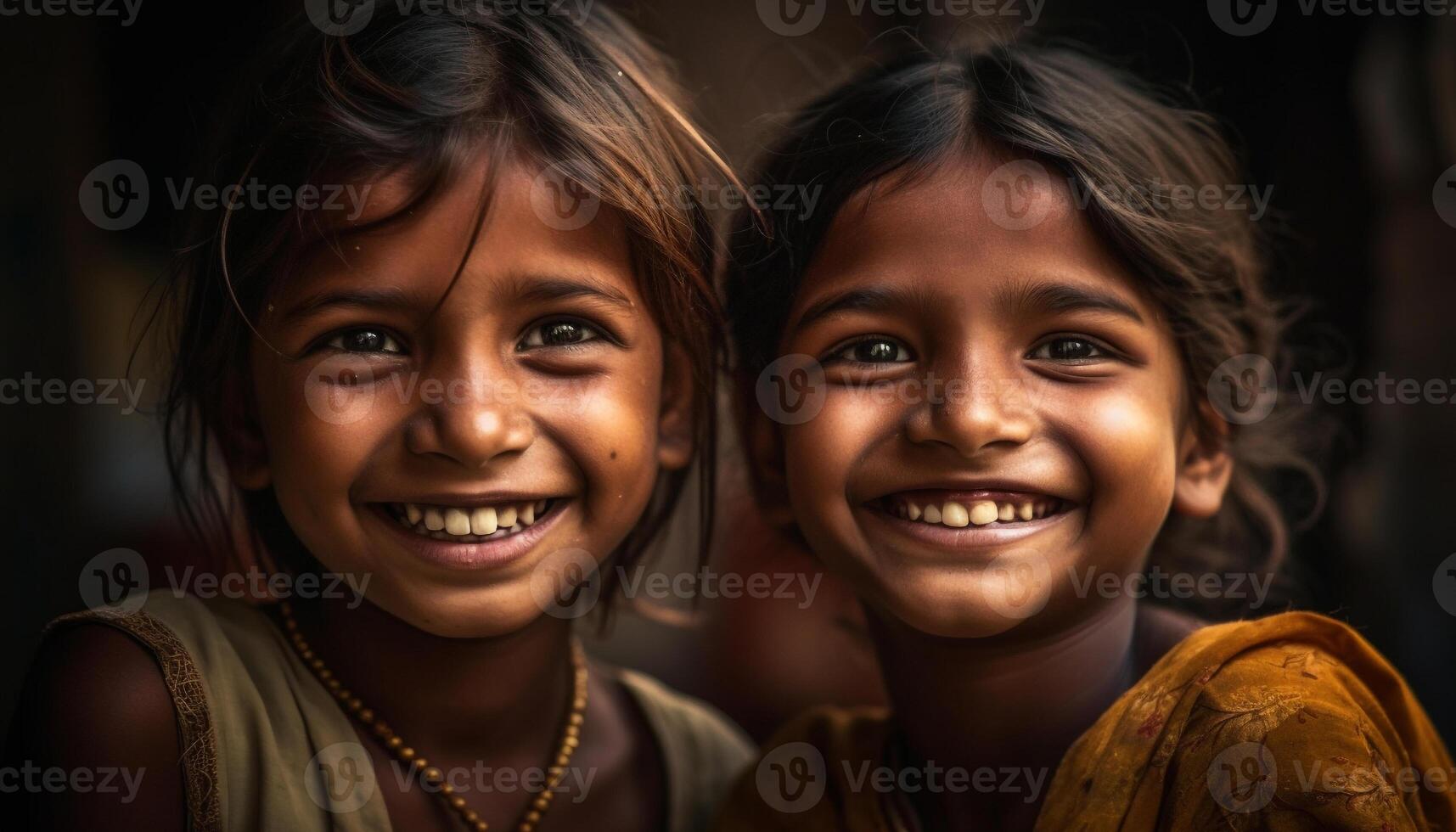 sorridente meninas do indiano etnia compartilhar união ao ar livre gerado de ai foto