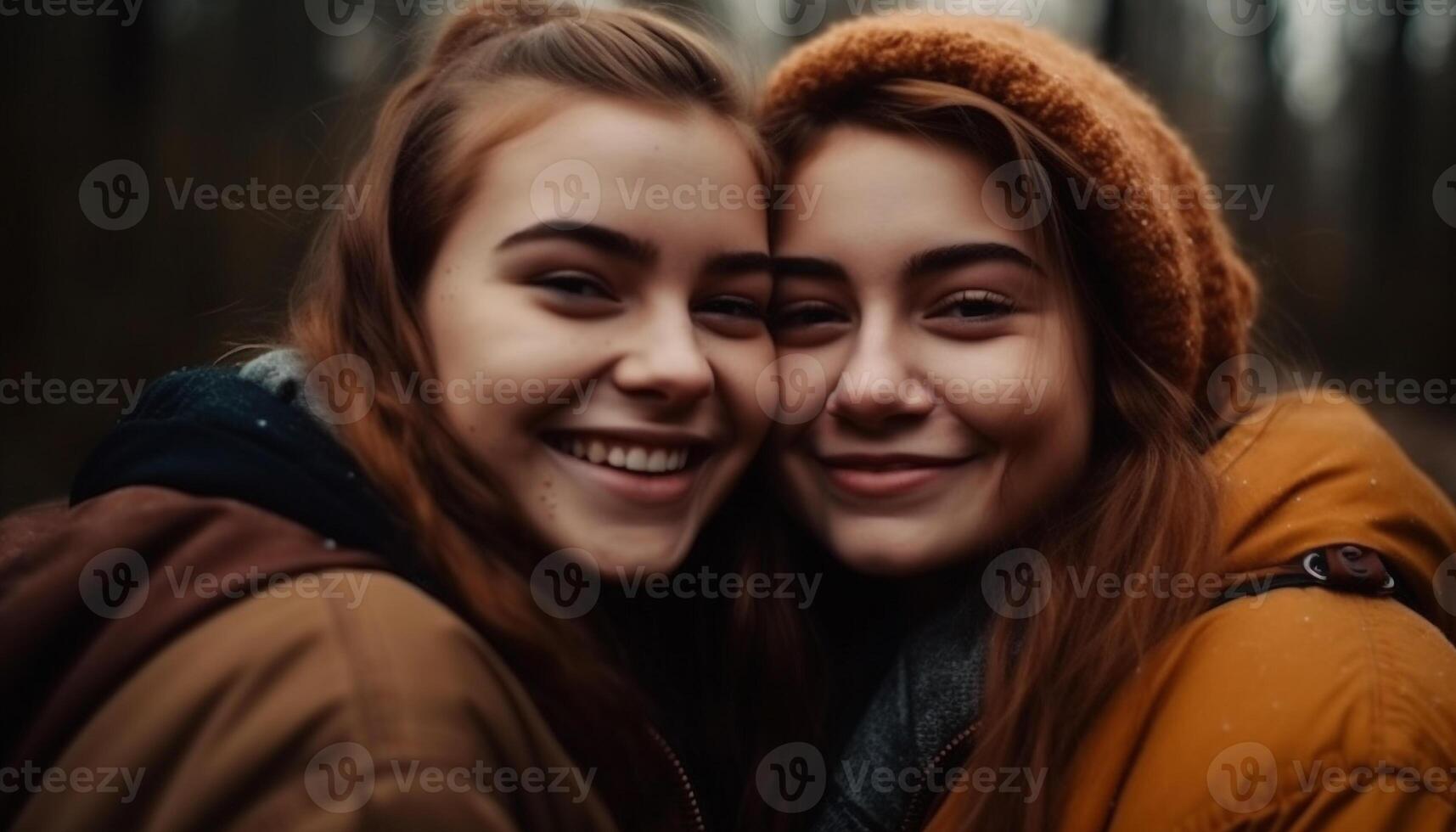 dois jovem mulheres abraçar, sorridente dentro natureza gerado de ai foto