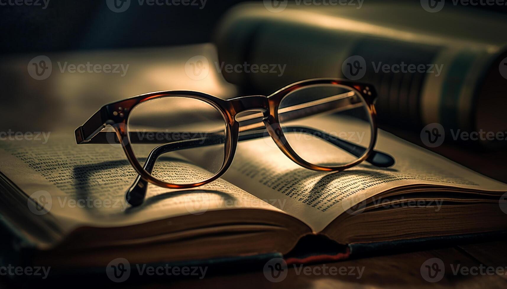 lendo óculos em velho livro, ganhando sabedoria gerado de ai foto
