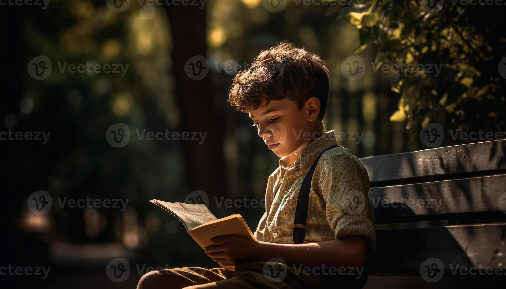 fofa estudante lendo livro dentro outono floresta solidão gerado de ai foto
