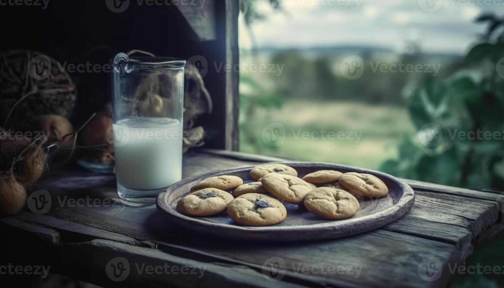 caseiro rústico chocolate lasca biscoitos em de madeira mesa com leite gerado de ai foto