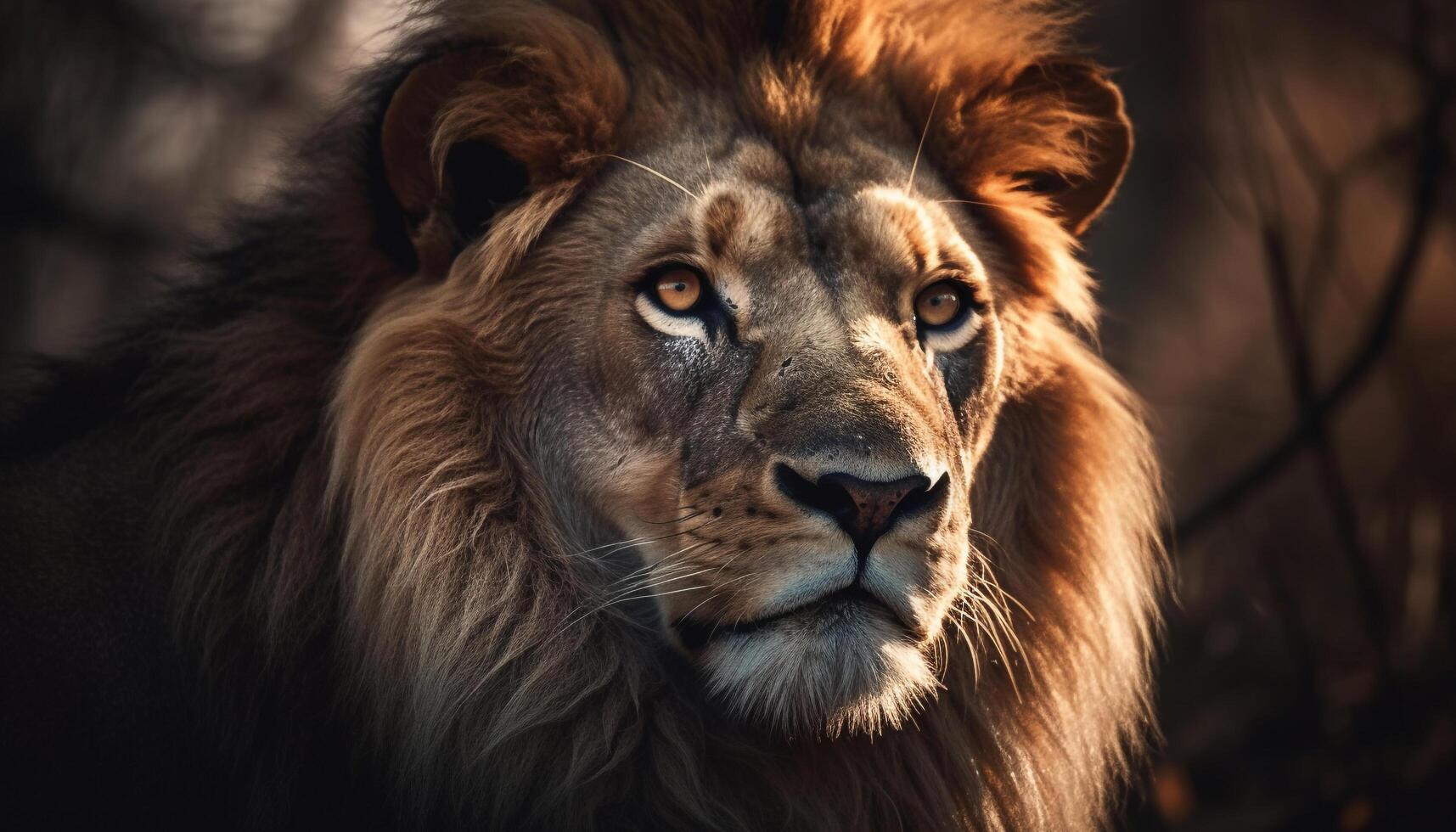 majestoso masculino leão encarando às Câmera dentro africano região selvagem reserva gerado de ai foto