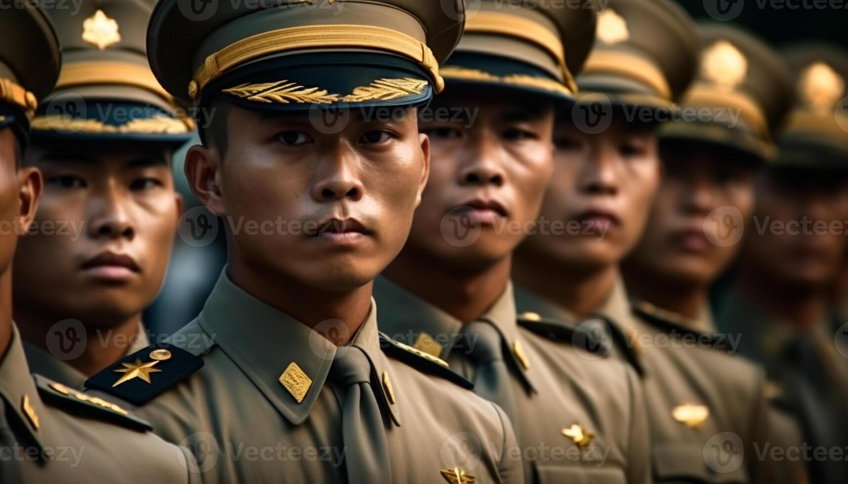 chinês honra guarda dentro militares parada, em pé dentro uma linha gerado de ai foto