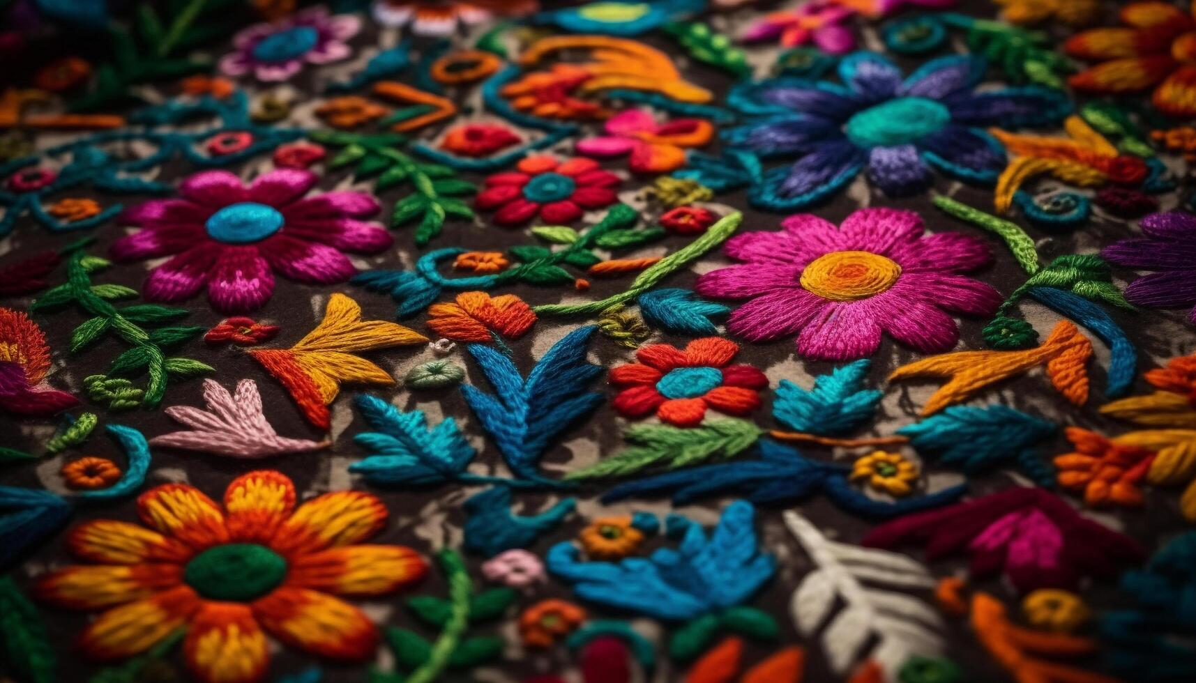 tecido têxtil decoração com ornamentado floral padronizar dentro vibrante cores gerado de ai foto