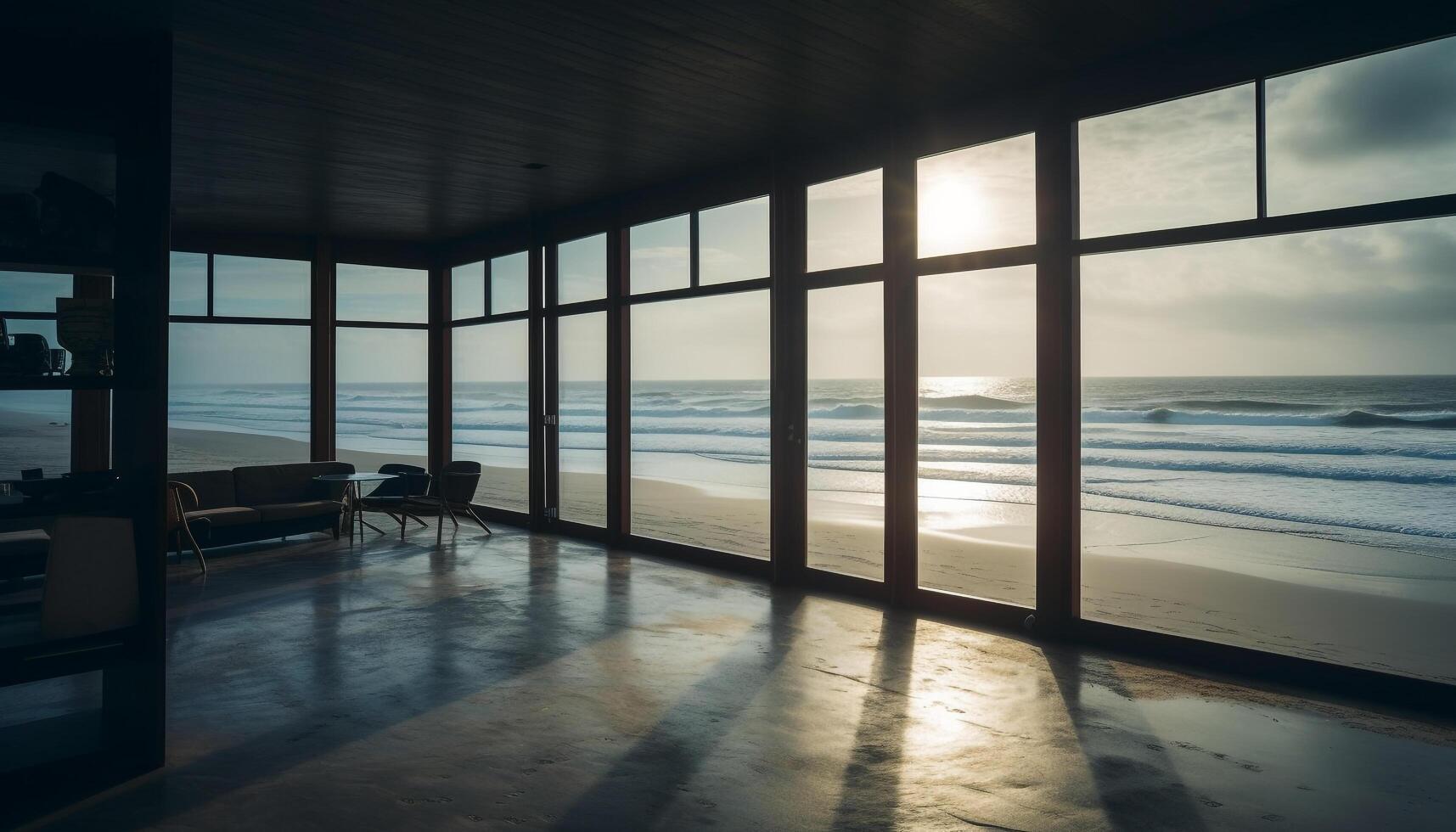 tranquilo pôr do sol sobre moderno apartamento com esvaziar cadeira de janela gerado de ai foto