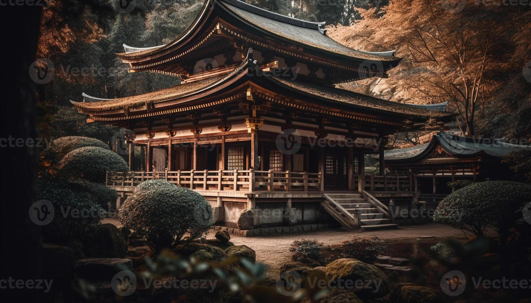 antigo pagode, construído estrutura, decorado com lanternas, simboliza budismo gerado de ai foto