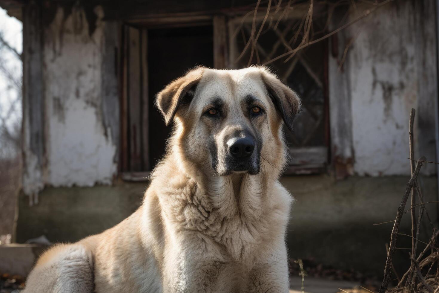 retrato do uma grande cachorro dentro uma fundo do a velho casa ai gerado foto