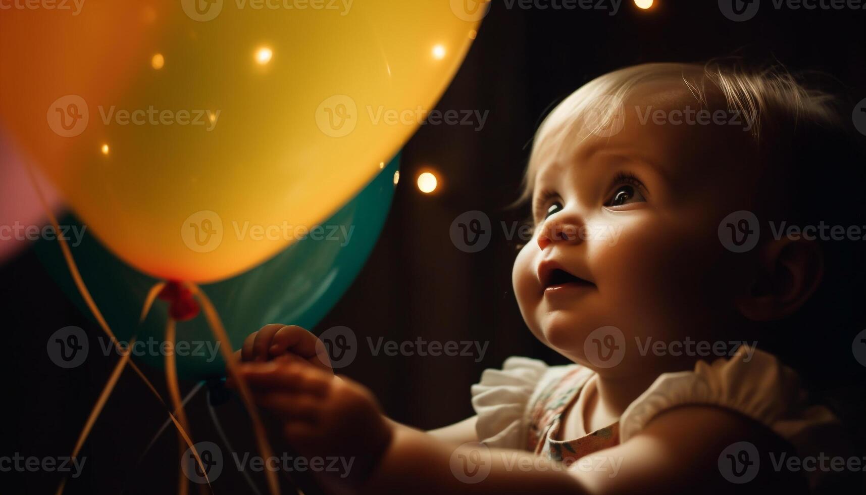 fofa bebê menina segurando colorida balão traz alegria e felicidade gerado de ai foto