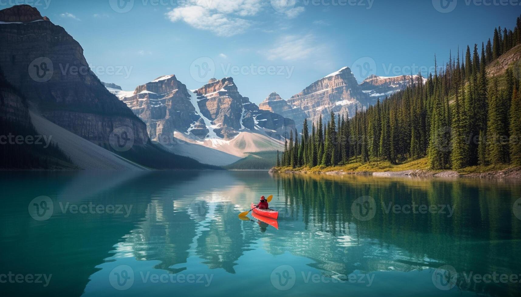 homens e mulheres canoagem dentro tranquilo morena lago, rochoso montanhas gerado de ai foto