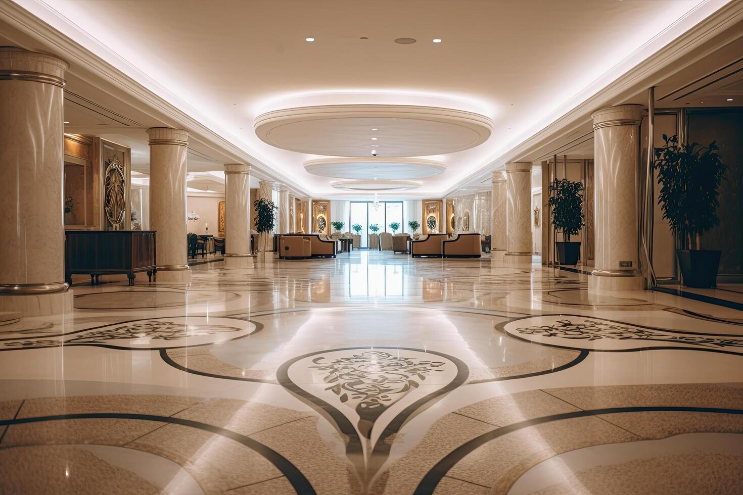 interior do uma hotel lobby com mármore chão e branco paredes. uma grande e luxuoso hotel lobby interior com lindo lustres e uma grande Escadaria, ai gerado foto