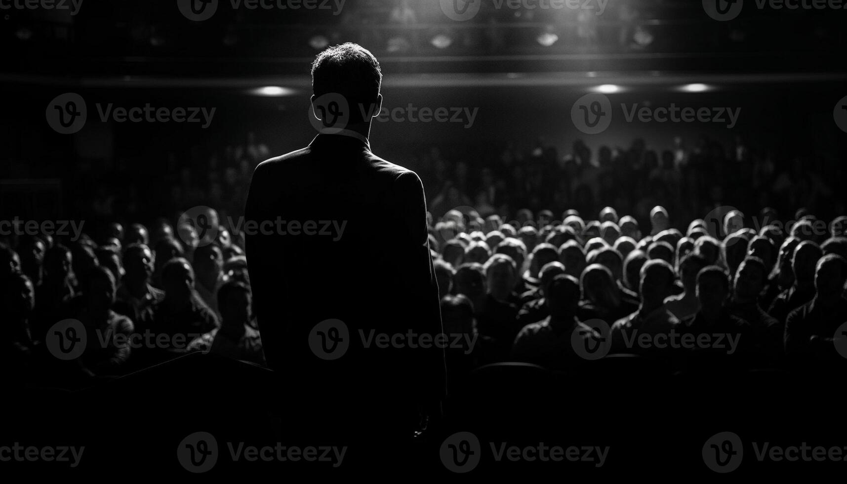 caucasiano homem de negocios aplaudindo sucesso, assistindo iluminado etapa com entusiasta multidão gerado de ai foto
