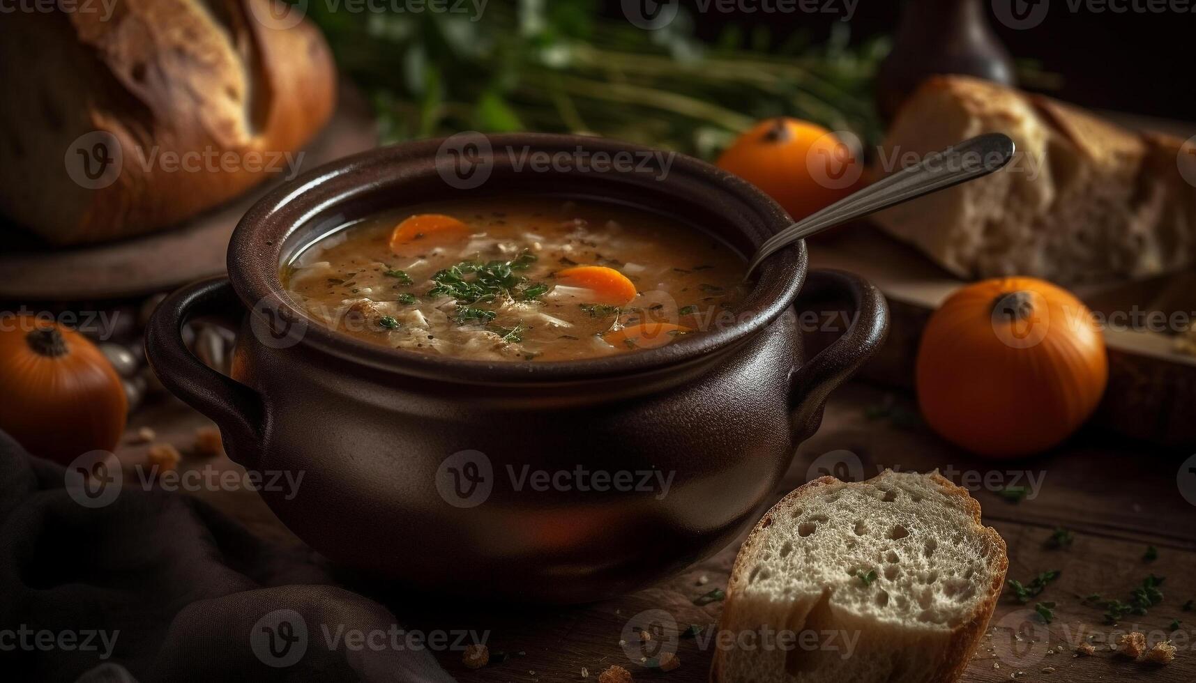rústico abóbora sopa em de madeira mesa, perfeito para outono almoço gerado de ai foto